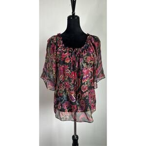 Women's Red Paisley Metallic Silk Sheer Tie Front Ruffle Peasant Top Size M